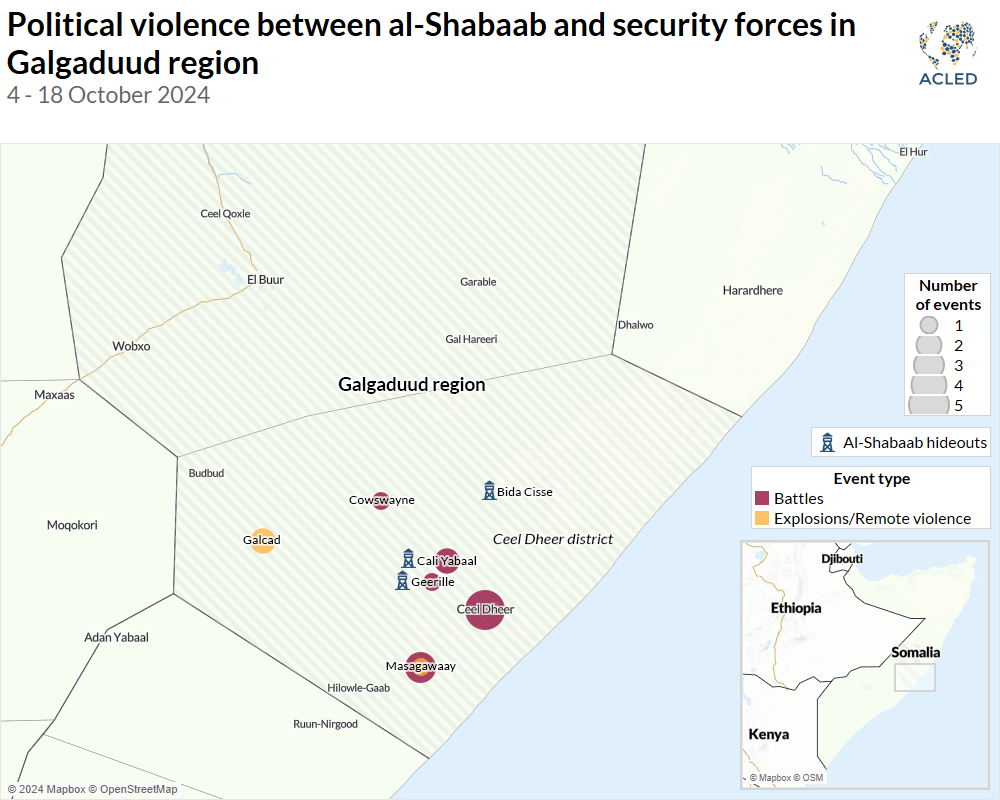 Map - Political violence between al-Shabaab and security forces in Galgaduud region 4 - 18 October 2024