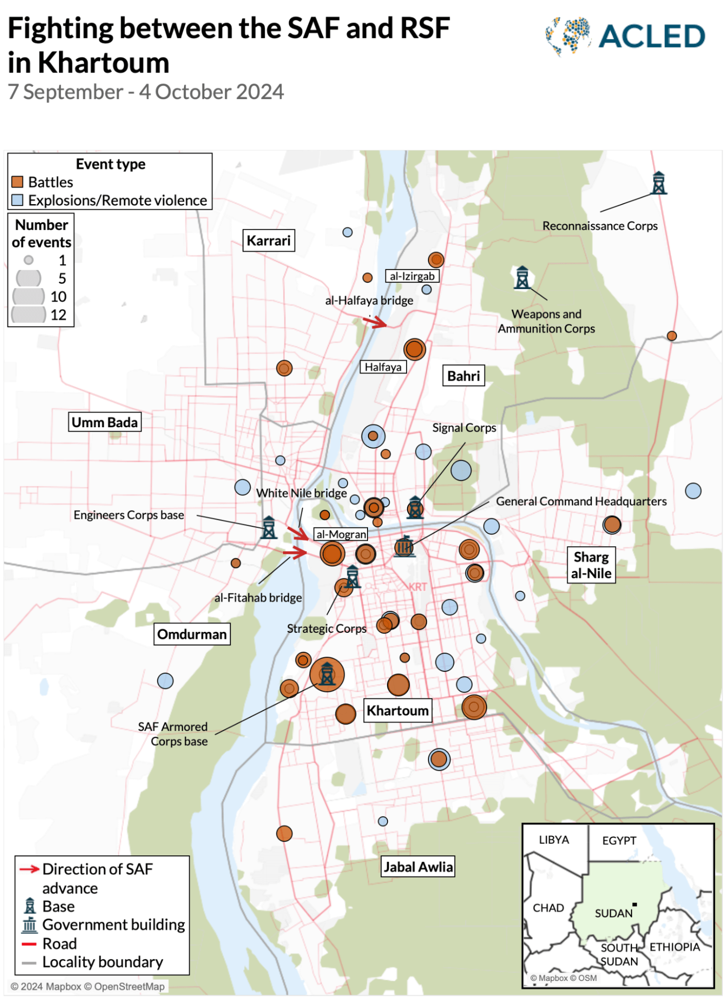 Point map - Fighting between SAF and RSF in Khartoum - 7 September-4 October 2024