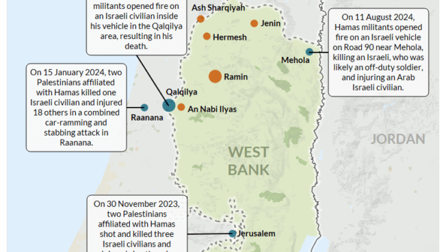 Map - Hamas shooting, stabbing, car bombing, and ramming attacks resulting in Israeli casualties 7 October 2023 - 27 September 2024