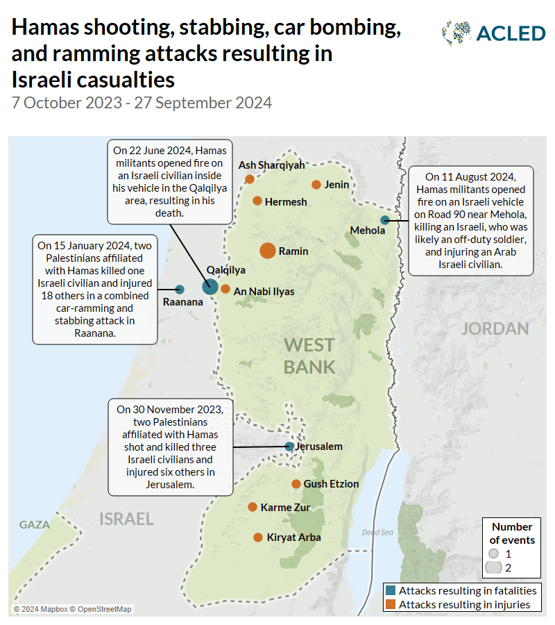 Map - Hamas shooting, stabbing, car bombing, and ramming attacks resulting in Israeli casualties 7 October 2023 - 27 September 2024