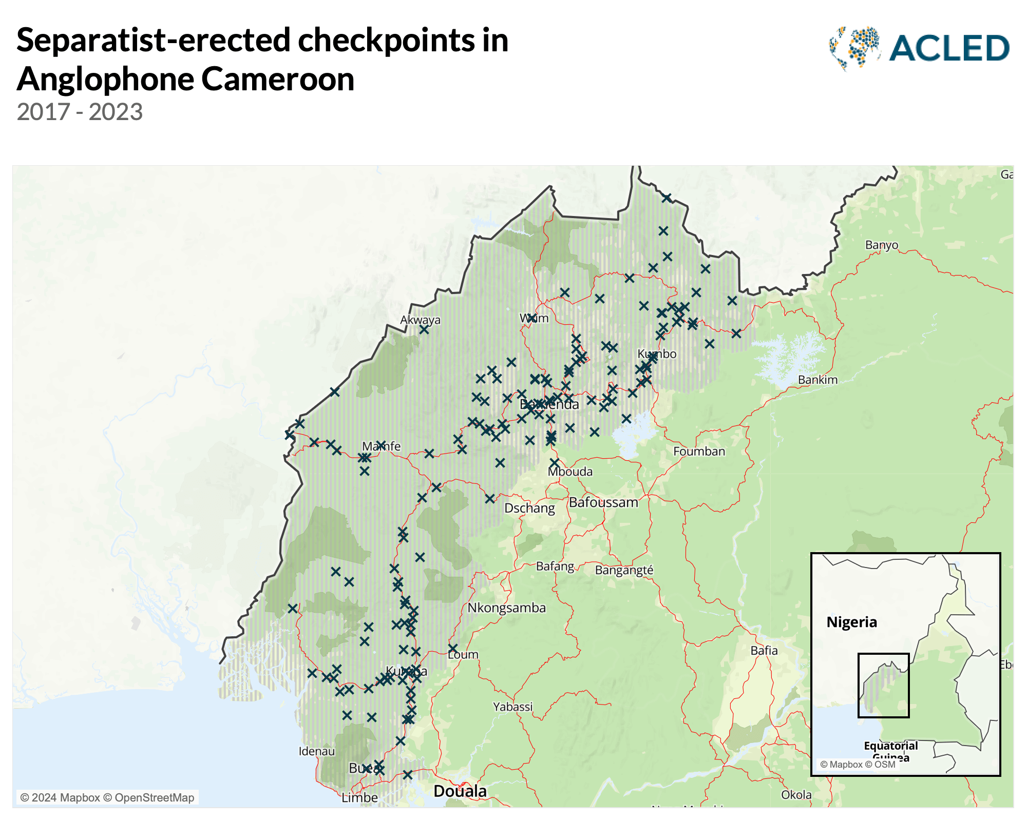 Map - Separatist-erected checkpoints in Anglophone Cameroon 2017 - 2023