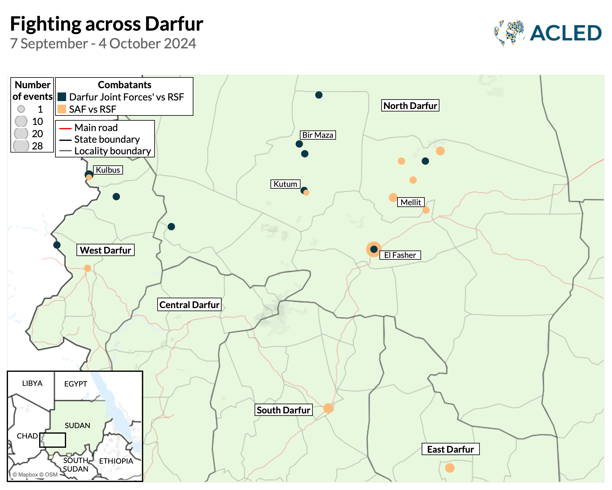 Point map - Fighting across Darfur - 7 September-4 October 2024