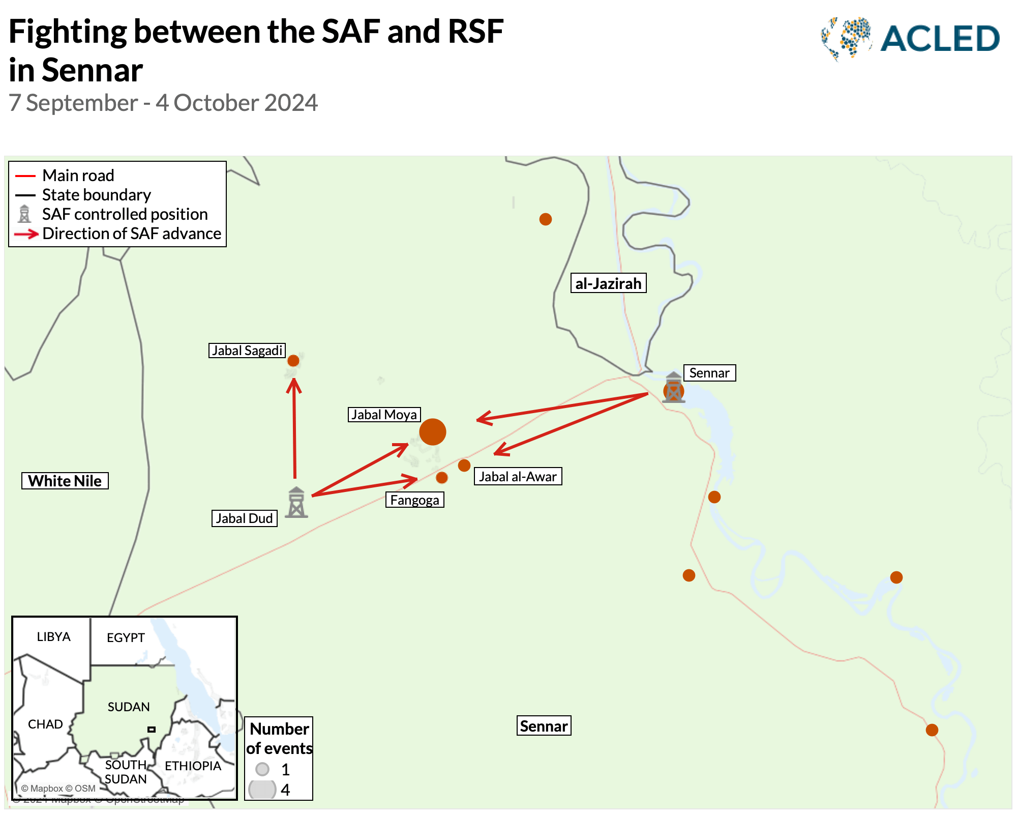 Point map - Fighting between the SAF and RSF in Sennar - 7 September-4 October 2024