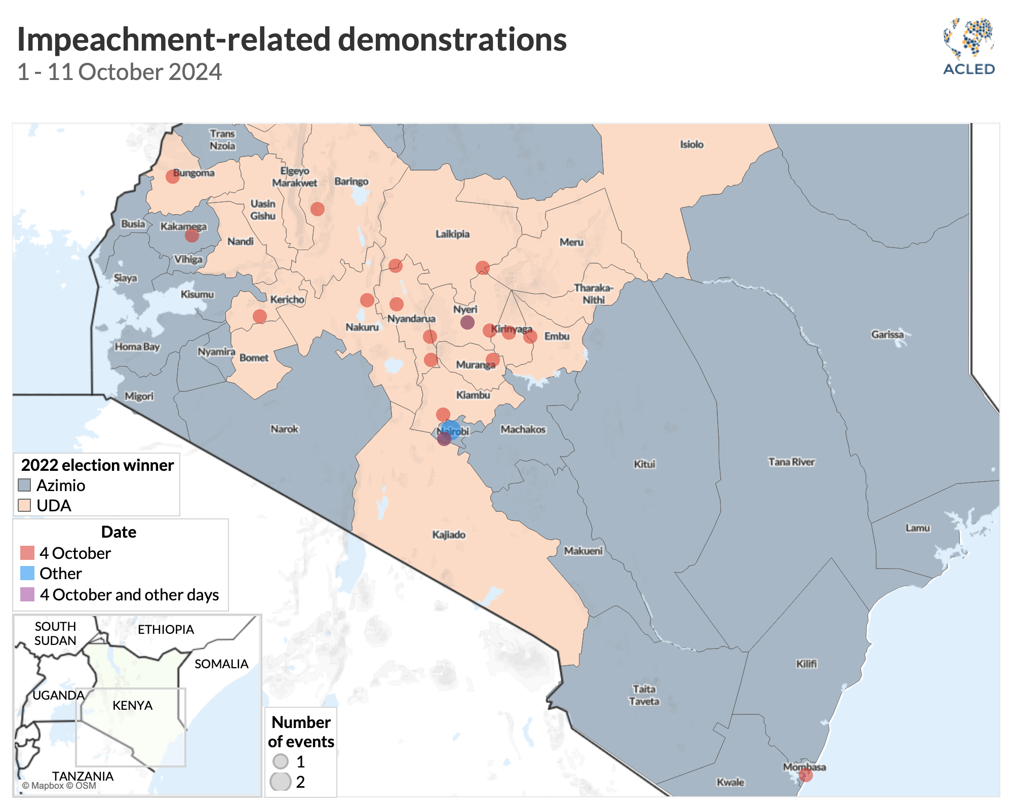 Map - Impeachment-related demonstrations 1 - 11 October 2024