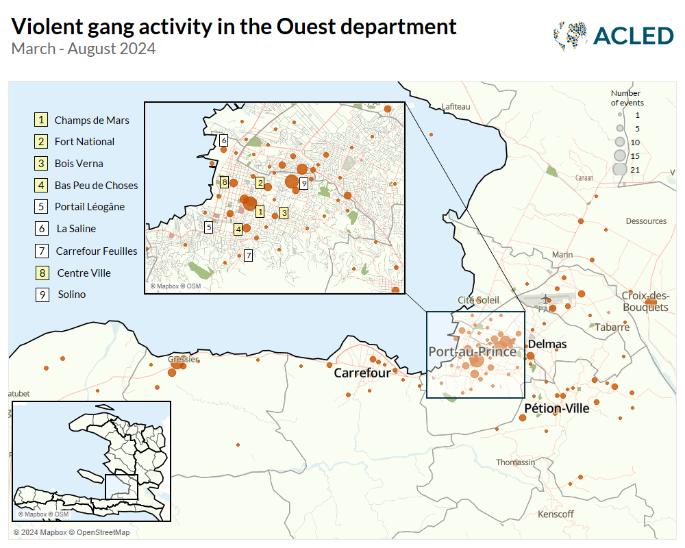 Map - Violent gang activity in the Ouest department March - August 2024 - Haiti