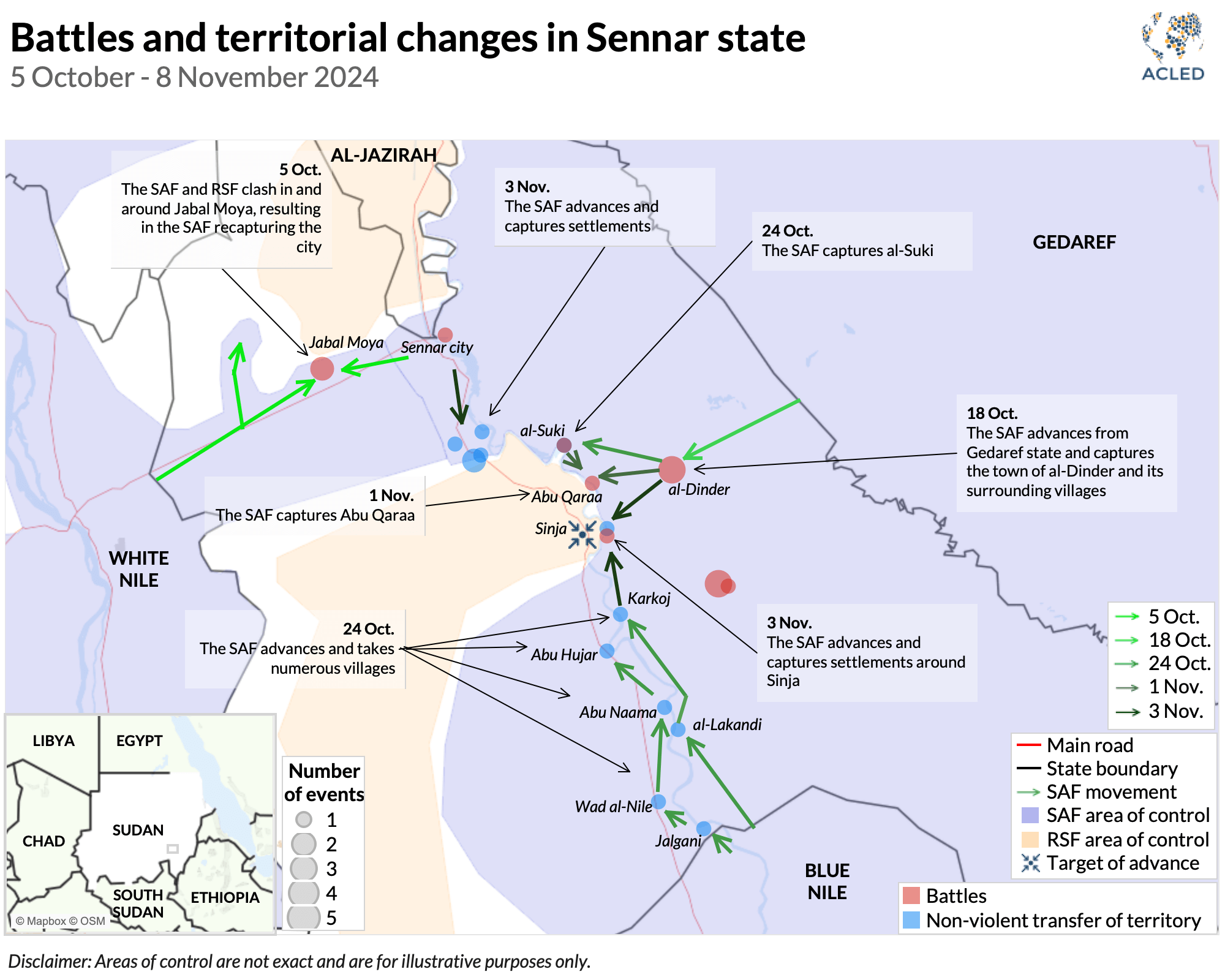 Map - Sudan - Battles and territorial changes in Sennar state 5 October - 8 November 2024