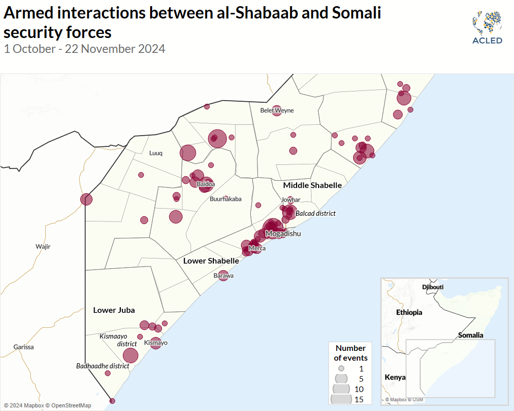 Map_Horn of Africa_Armed interactions between al-Shabaab and Somali security forces_1 Oct-22 Nov