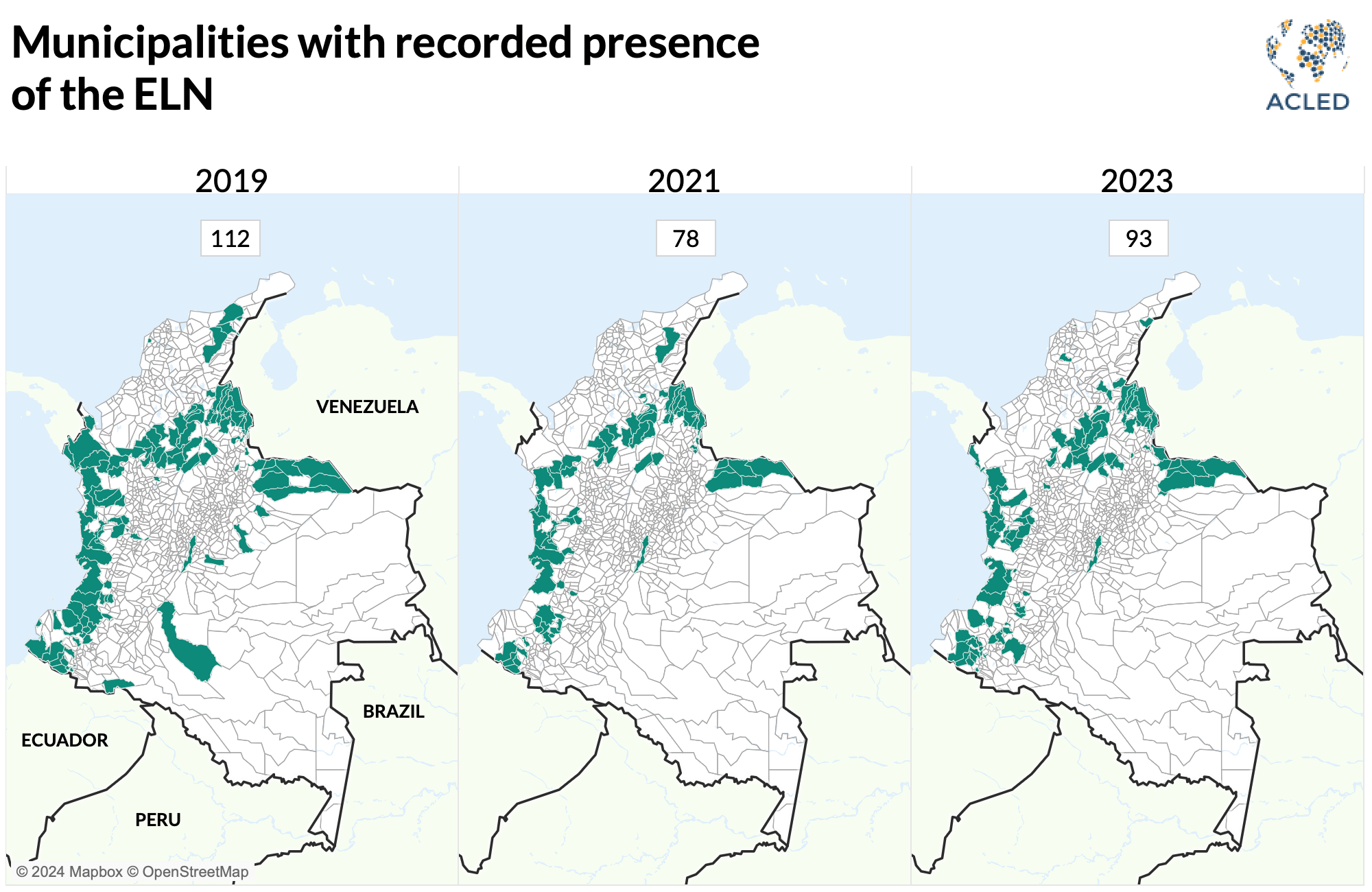 Map - Municipalities with recorded presence of the ELN - Colombia