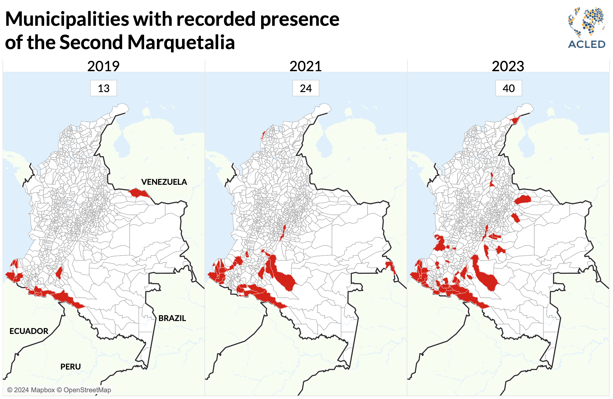 Map - Colombia - Municipalities with recorded presence of the Second Marquetalia