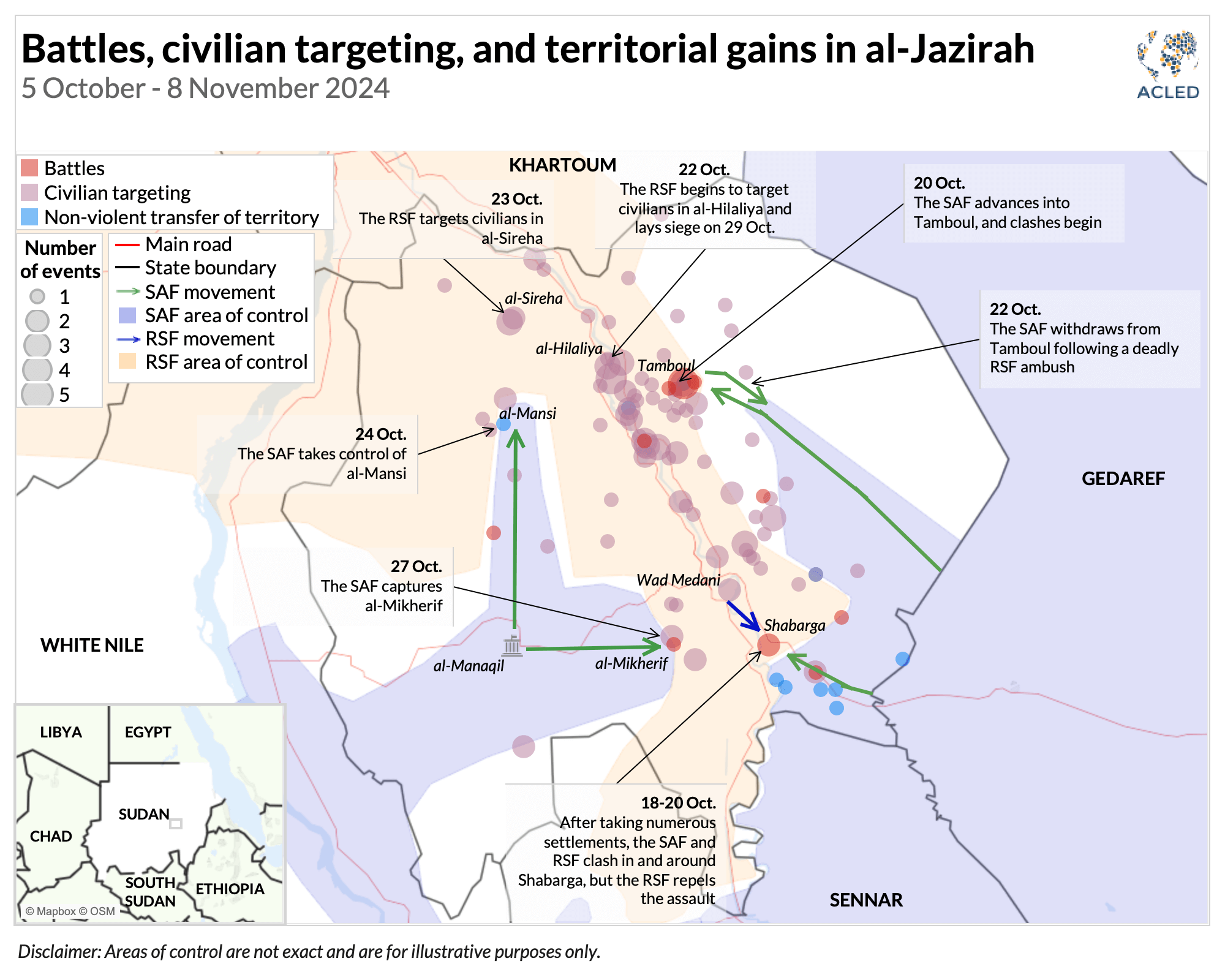 Map - Sudan - Battles, civilian targeting, and territorial gains in al-Jazirah 5 October - 8 November 2024