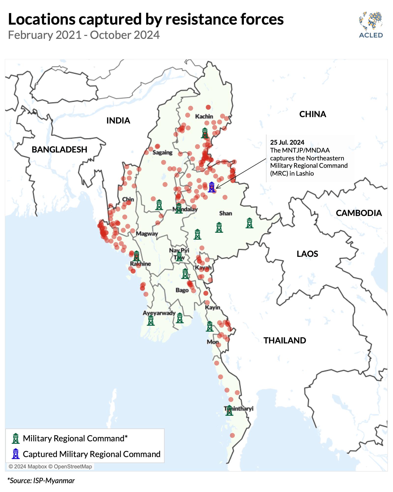 Myanmar Map - Locations captured by resistance forces February 2021 - October 2024