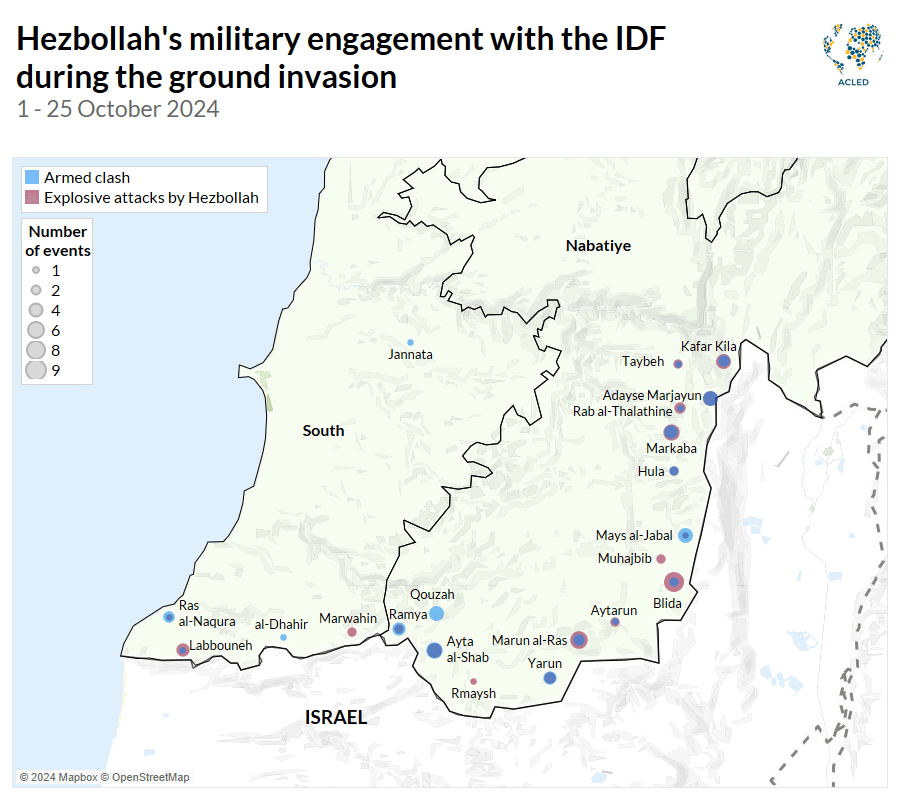 Map showing Hezbollah engagements with IDF troops during the ground invasion of Lebanon, 1-25 October 2024