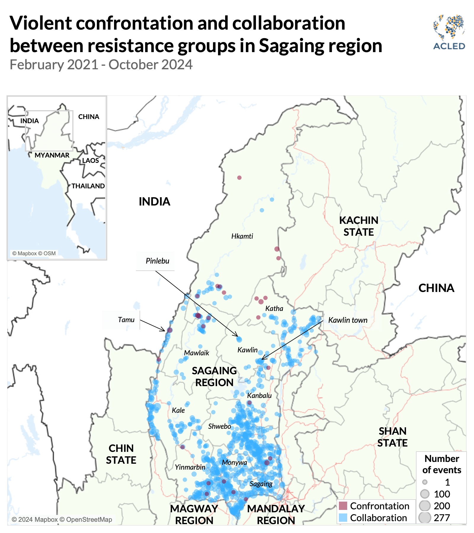 Myanmar Map - Violent confrontation and collaboration between resistance groups in Sagaing region February 2021 - October 2024