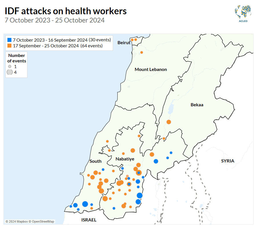 Map showing locations of IDF attacks in health workers in lebanon, 7-25 October 2024