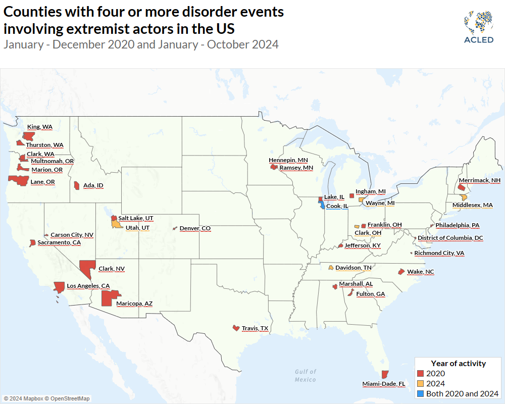 Map - Counties with four or more disorder events involving extremist actors in the US January - December 2020 and January - October 2024