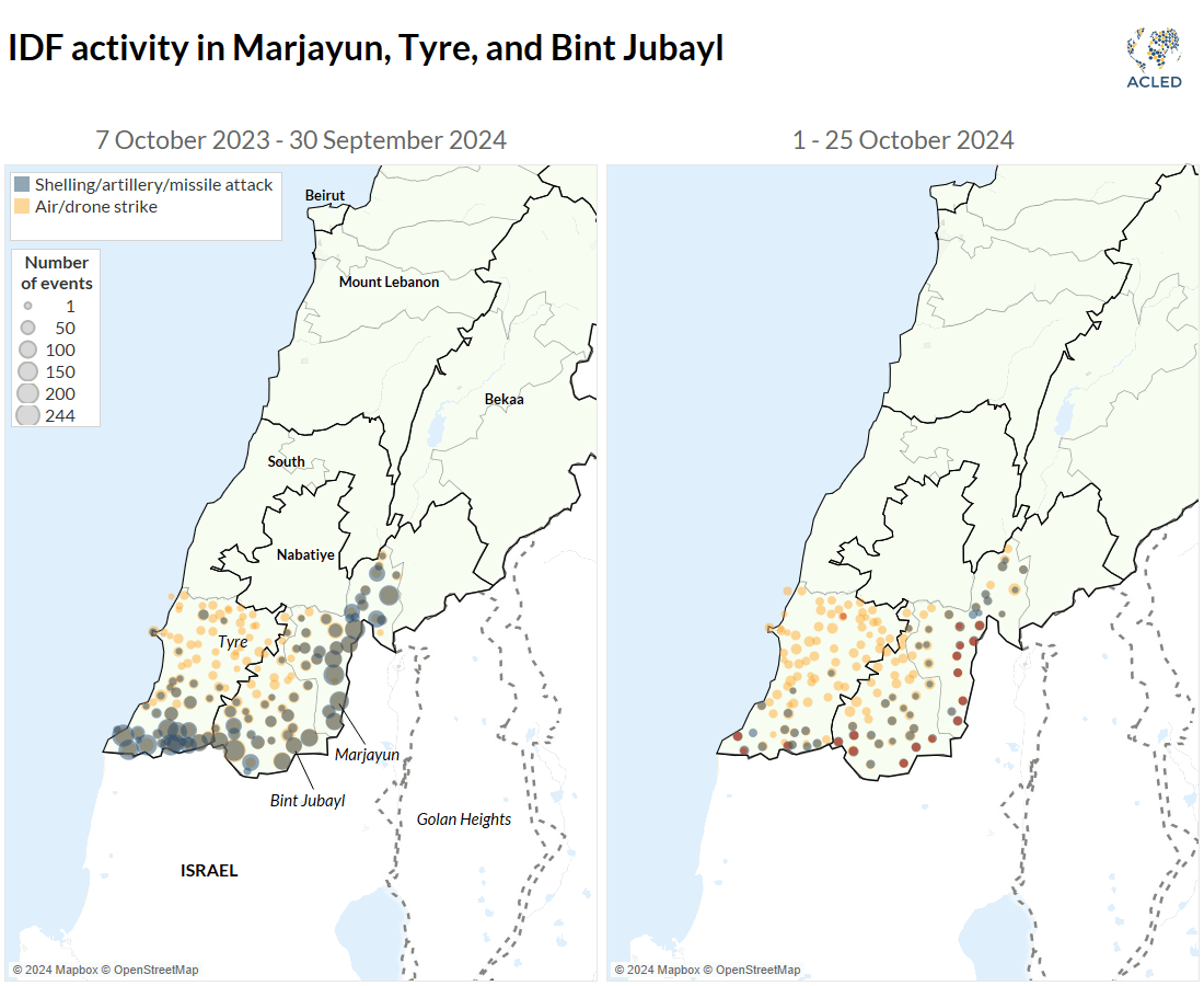 Maps showing IDF activity in Marjayun, Tyre, and Bint Jubayl. First map Oct-Sept 2023, second map Oct 2024