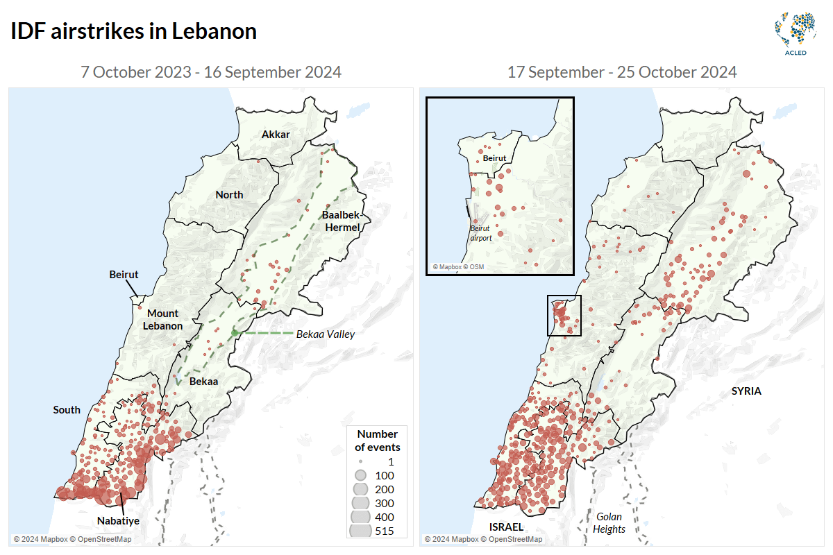 maps showing locations of IDF air strikes in Lebanon, from October 2023-2024