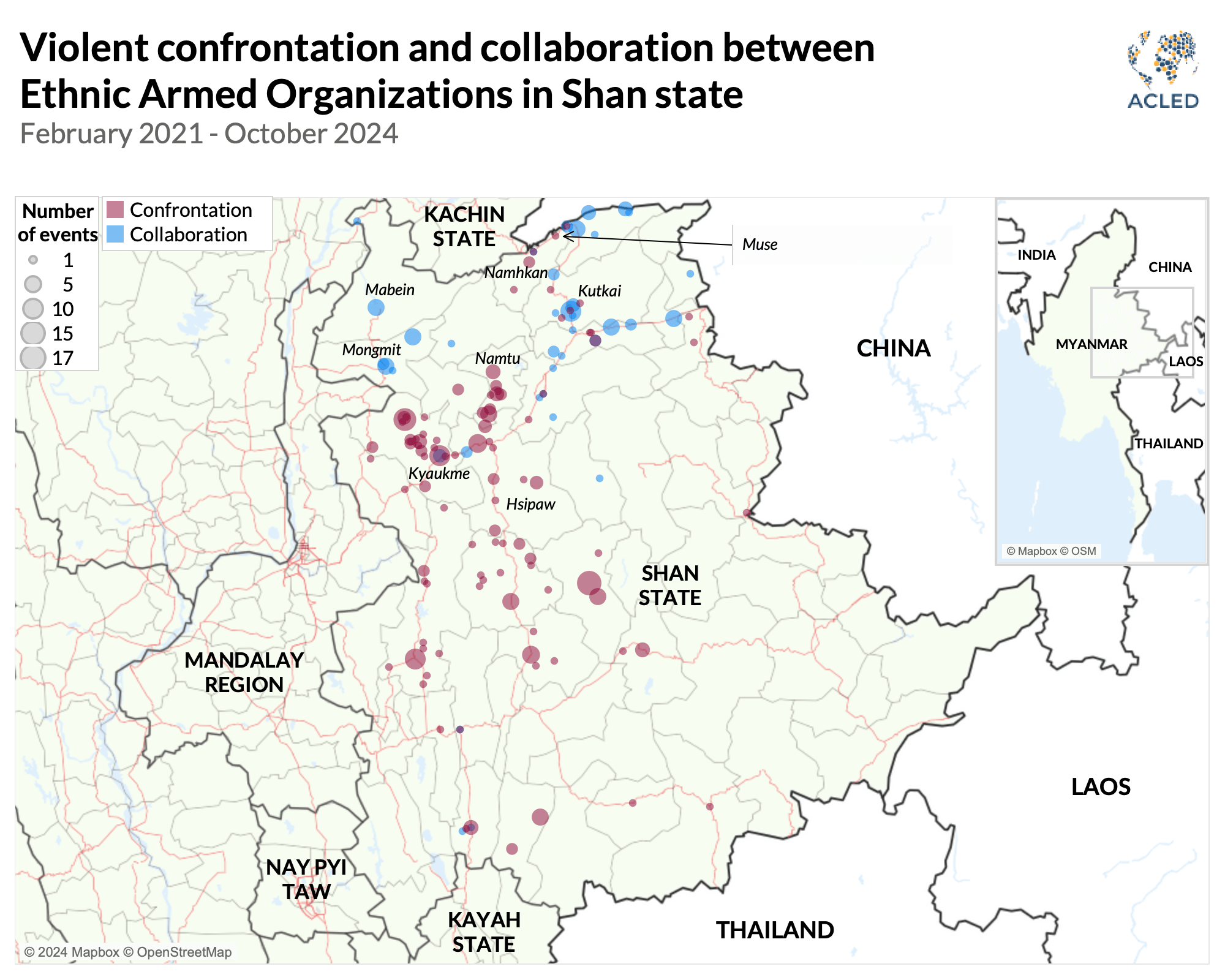 Myanmar Map - Violent confrontation and collaboration between Ethnic Armed Organizations in Shan state February 2021 - October