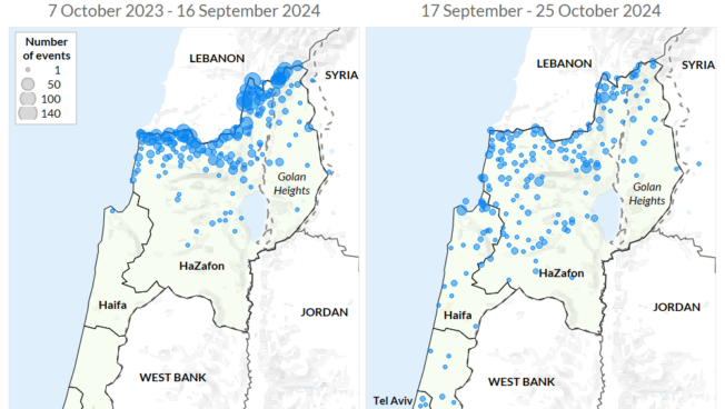 Maps showing hezbollah attacks in Israel and disputed/occupied territories in Syria. First map 7 Oct 23-16 Sept 24. Second map September-October 2024