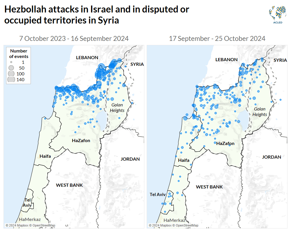 Maps showing hezbollah attacks in Israel and disputed/occupied territories in Syria. First map 7 Oct 23-16 Sept 24. Second map September-October 2024