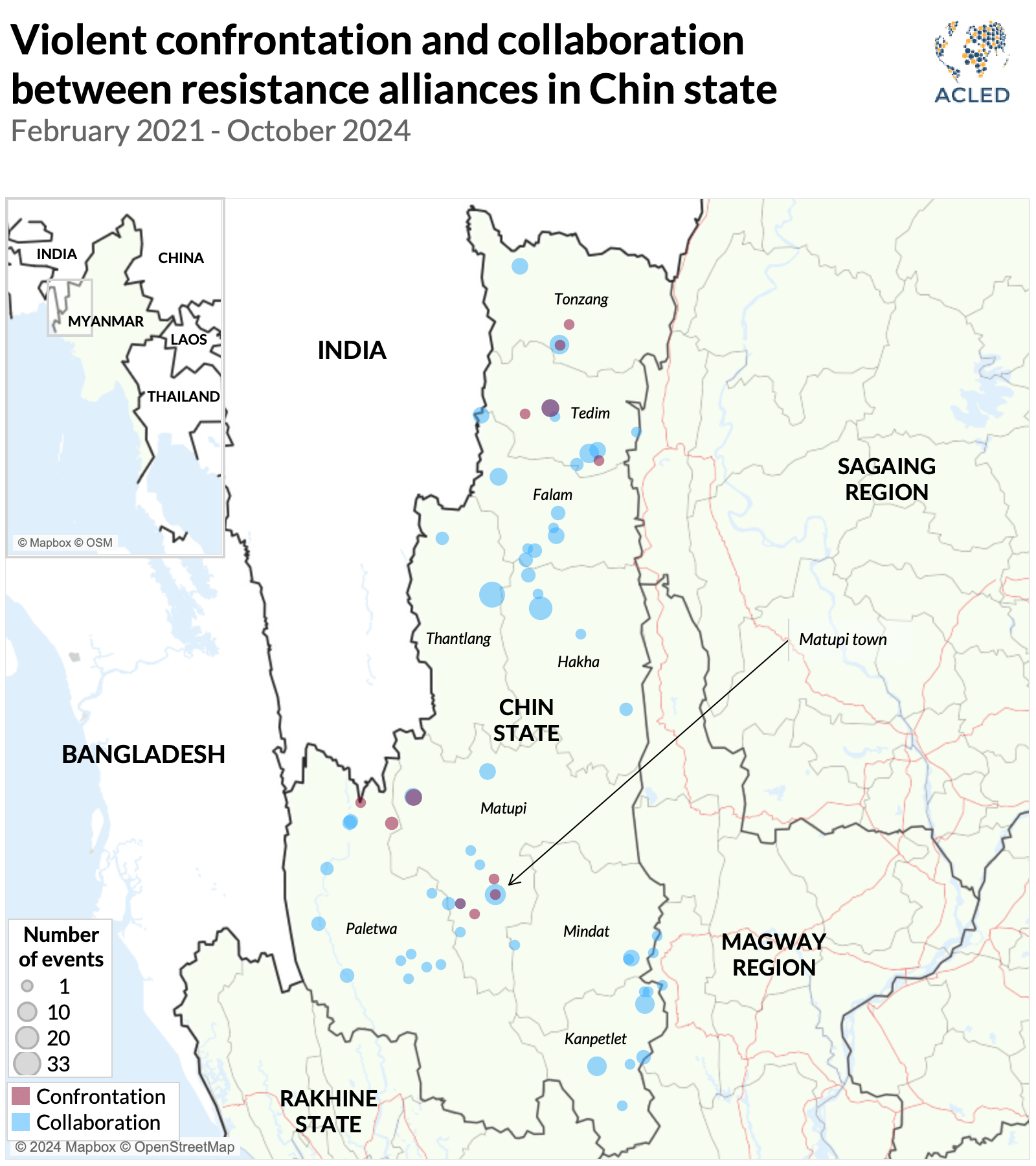 Myanmar Map - Violent confrontation and collaboration between resistance alliances in Chin state February 2021 - October 2024