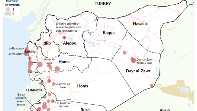 Map - Israeli airstrikes in Syria after the fall of the Assad regime 8 - 15 December