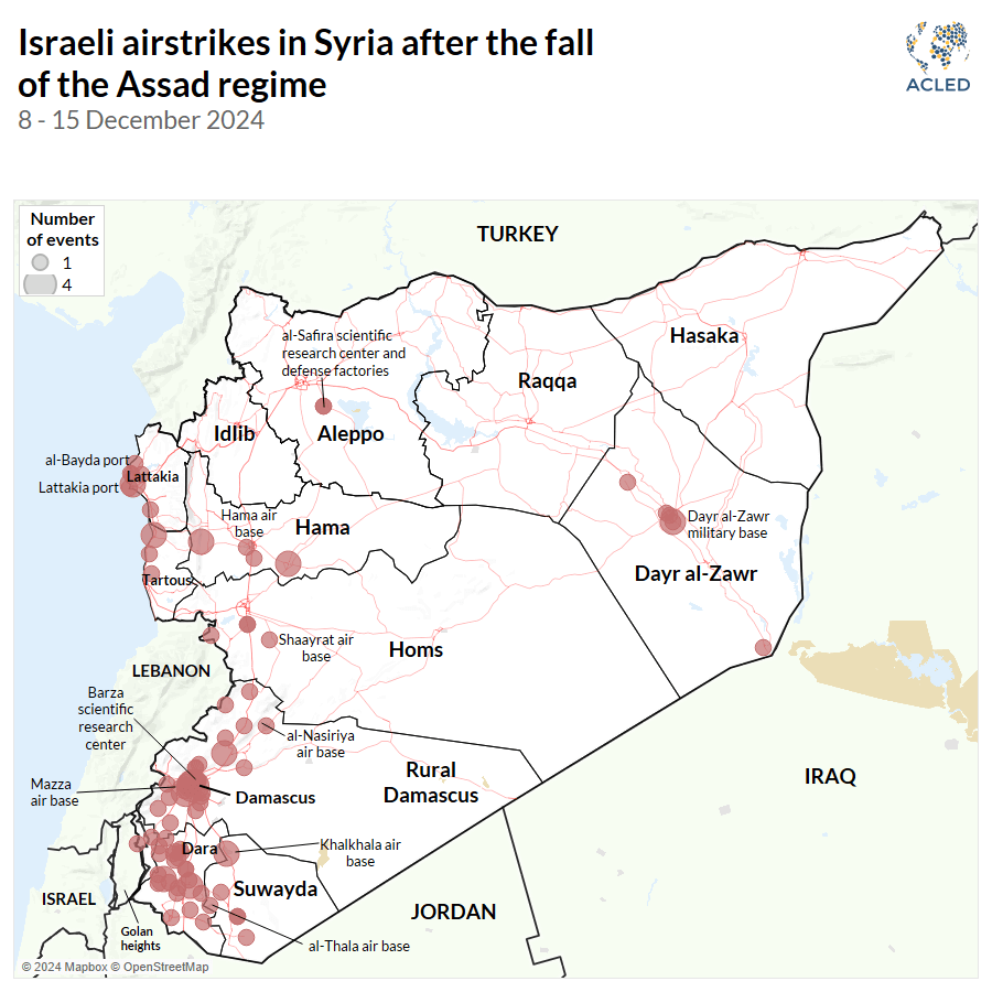 Map - Israeli airstrikes in Syria after the fall of the Assad regime 8 - 15 December