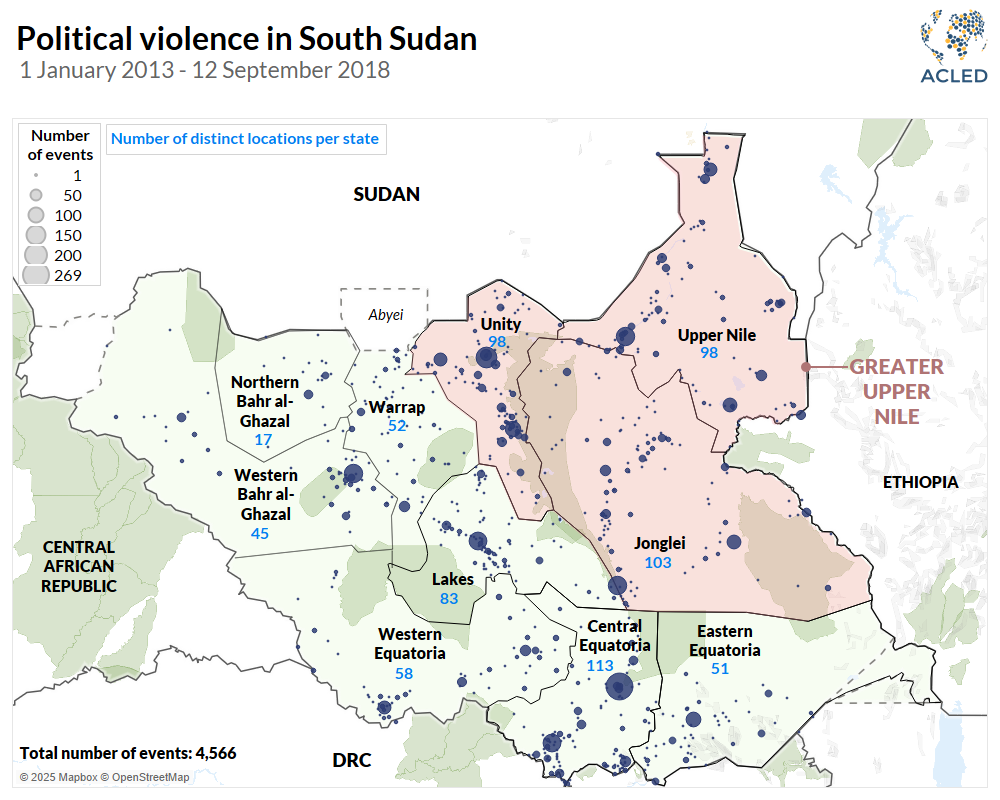 Map - Political violence in South Sudan 1 January 2013 - 12 September 2018