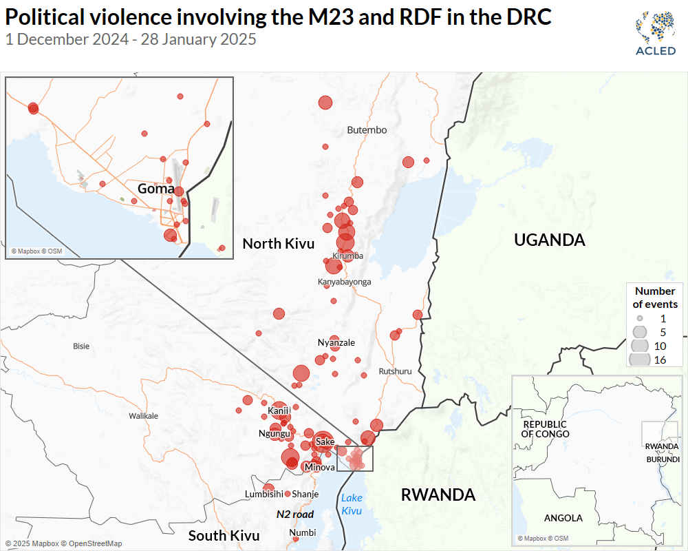 Map - Political violence involving the M23 and RDF in the DRC 1 December 2024 - 28 January 2025