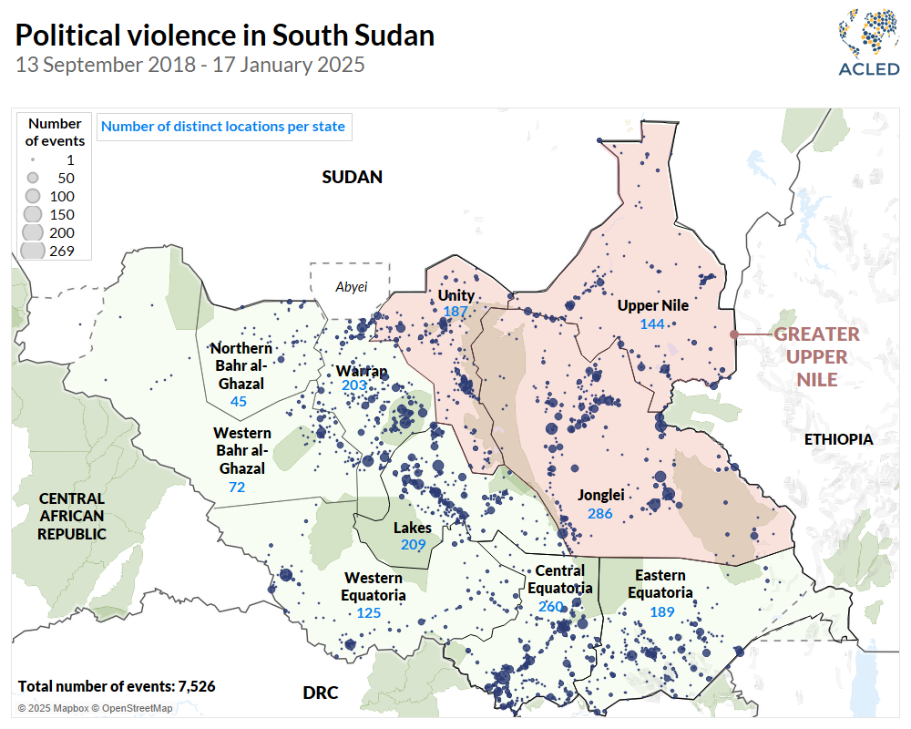 Map - Political violence in South Sudan 2018 to 2025