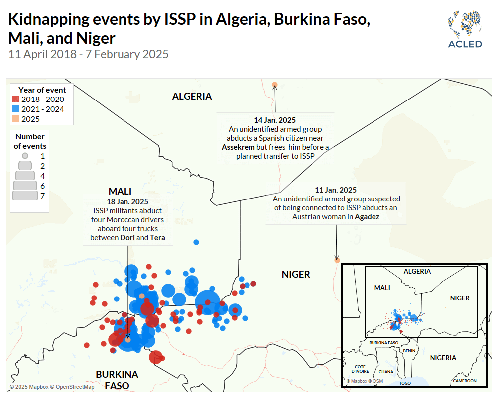 Map - Kidnapping events by ISSP in Algeria, Burkina Faso, Mali, and Niger 11 April 2018 - 7 February 2025