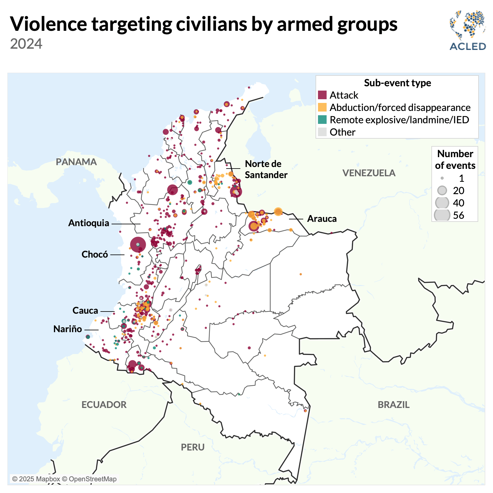 Map - Violence targeting civilians by armed groups in Colombia 2024