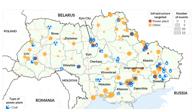 Map - Russian drone and missile strikes targeting energy infrastructure in Ukraine 2024