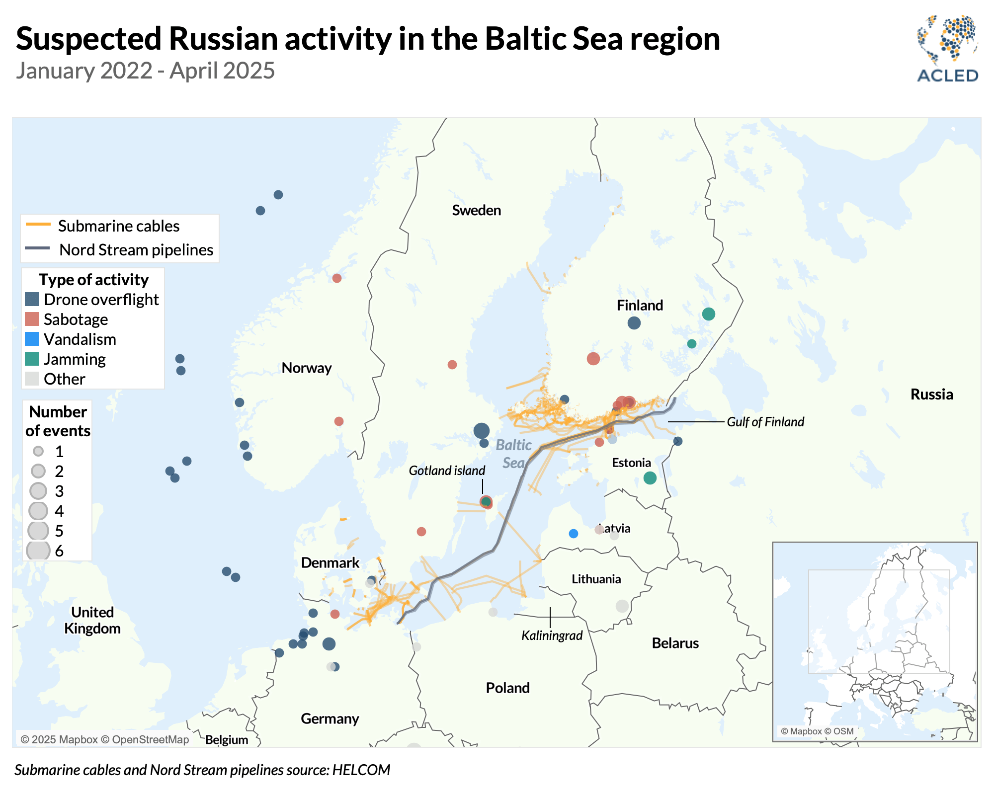 Map - Suspected Russian activity in the Baltic Sea region January 2022 - April 2025