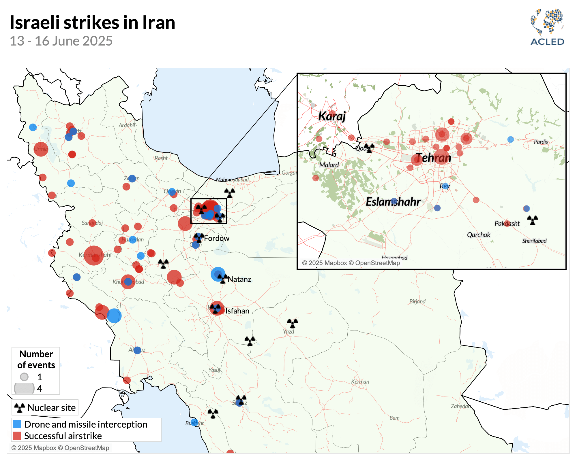Map - Israeli strikes in Iran - 13-16 June 2025
