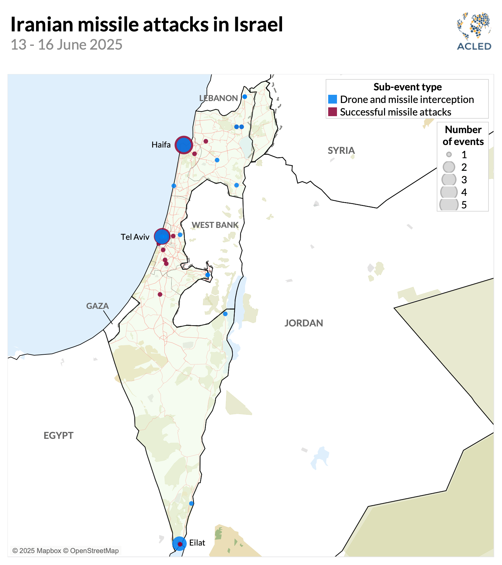 Map - Iranian missile attacks in Israel - 13-16 June 2025