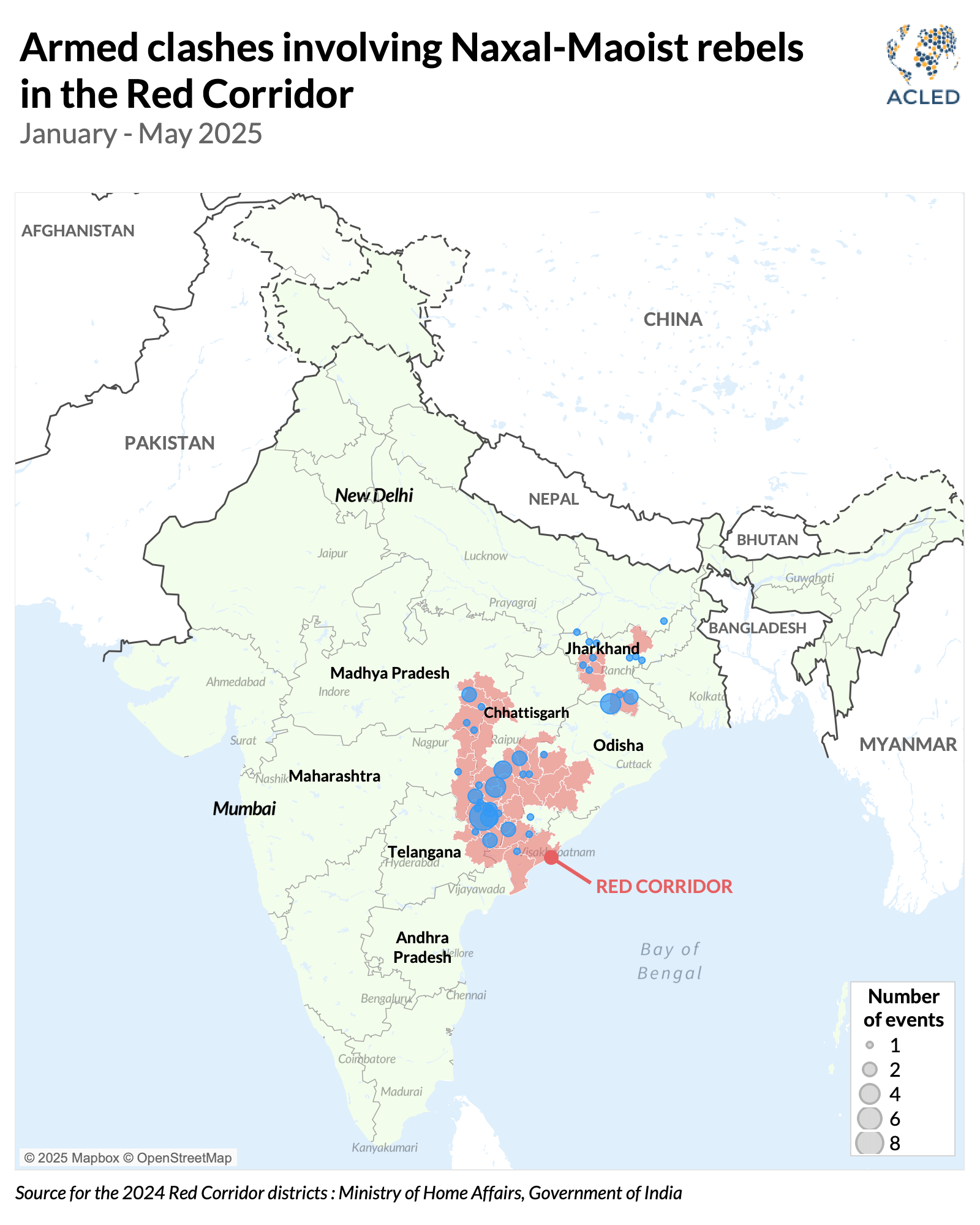 Map - Armed clashes involving Naxal-Maoist rebels in the Red Corridor January - May 2025