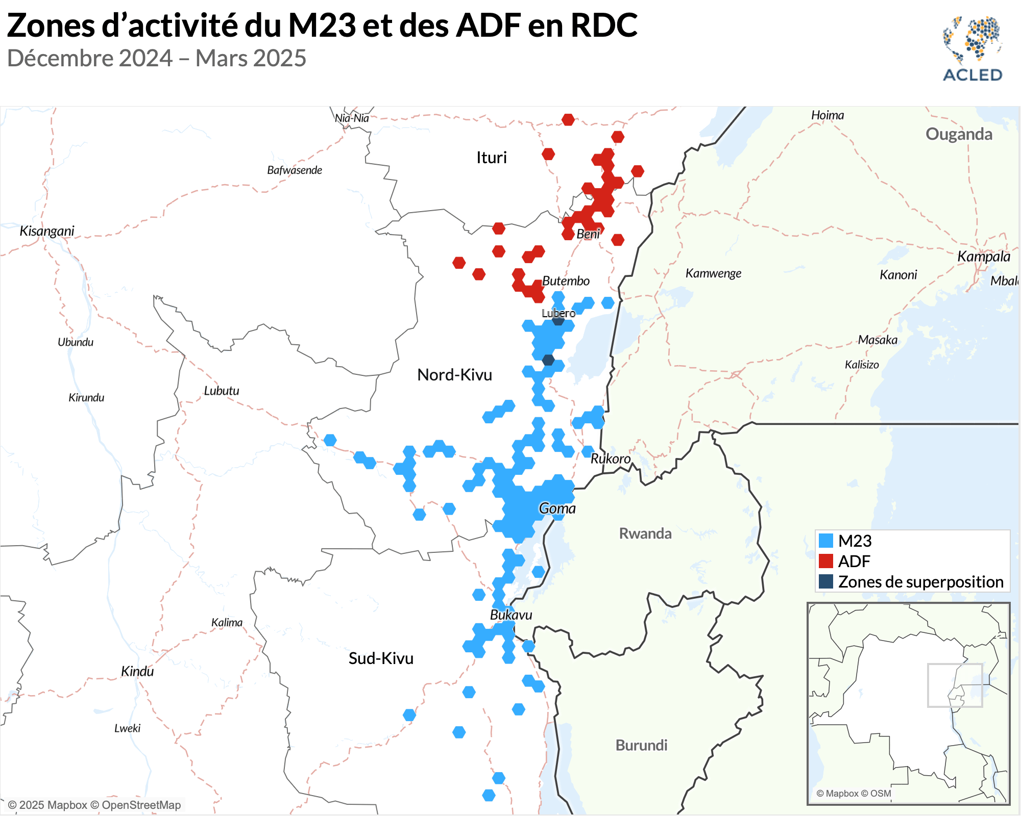 Map - FR - Zones d'activité du M23 et des ADF en RDC Décembre 2024 - Mars 2025