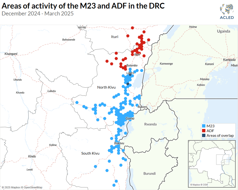 Areas of activity of the M23 and ADF in the DRC December 2024 - March 2025