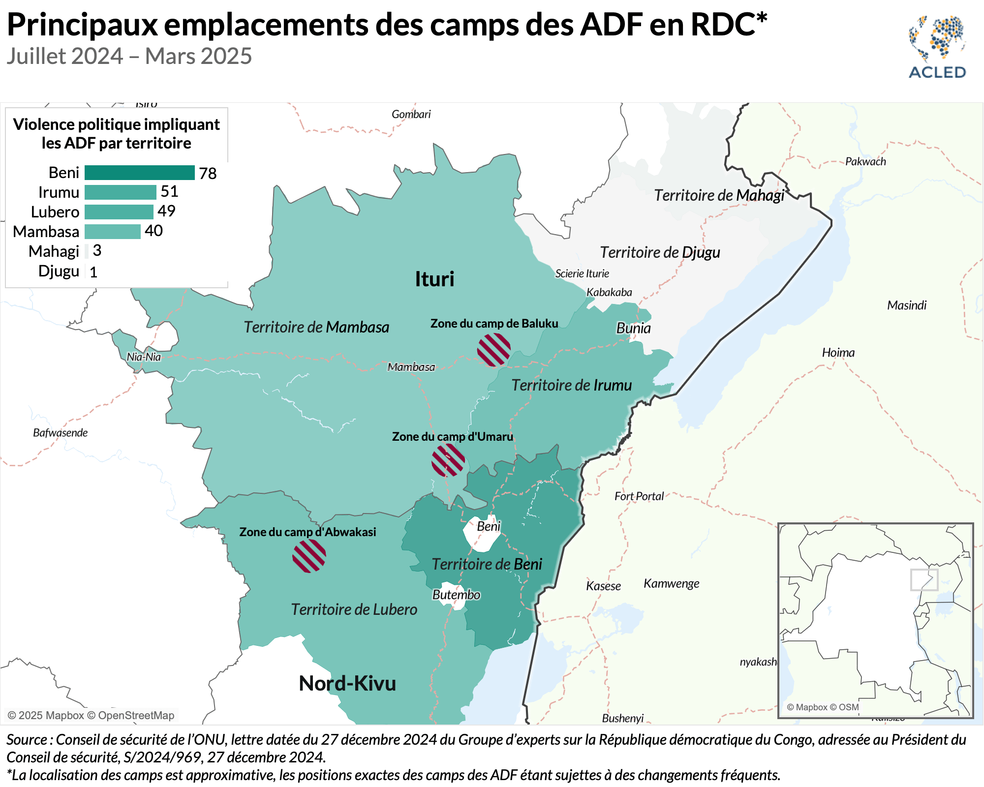 Map - FR - Principaux emplacements des camps des ADF en RDC* Juillet 2024 - Mars 2025