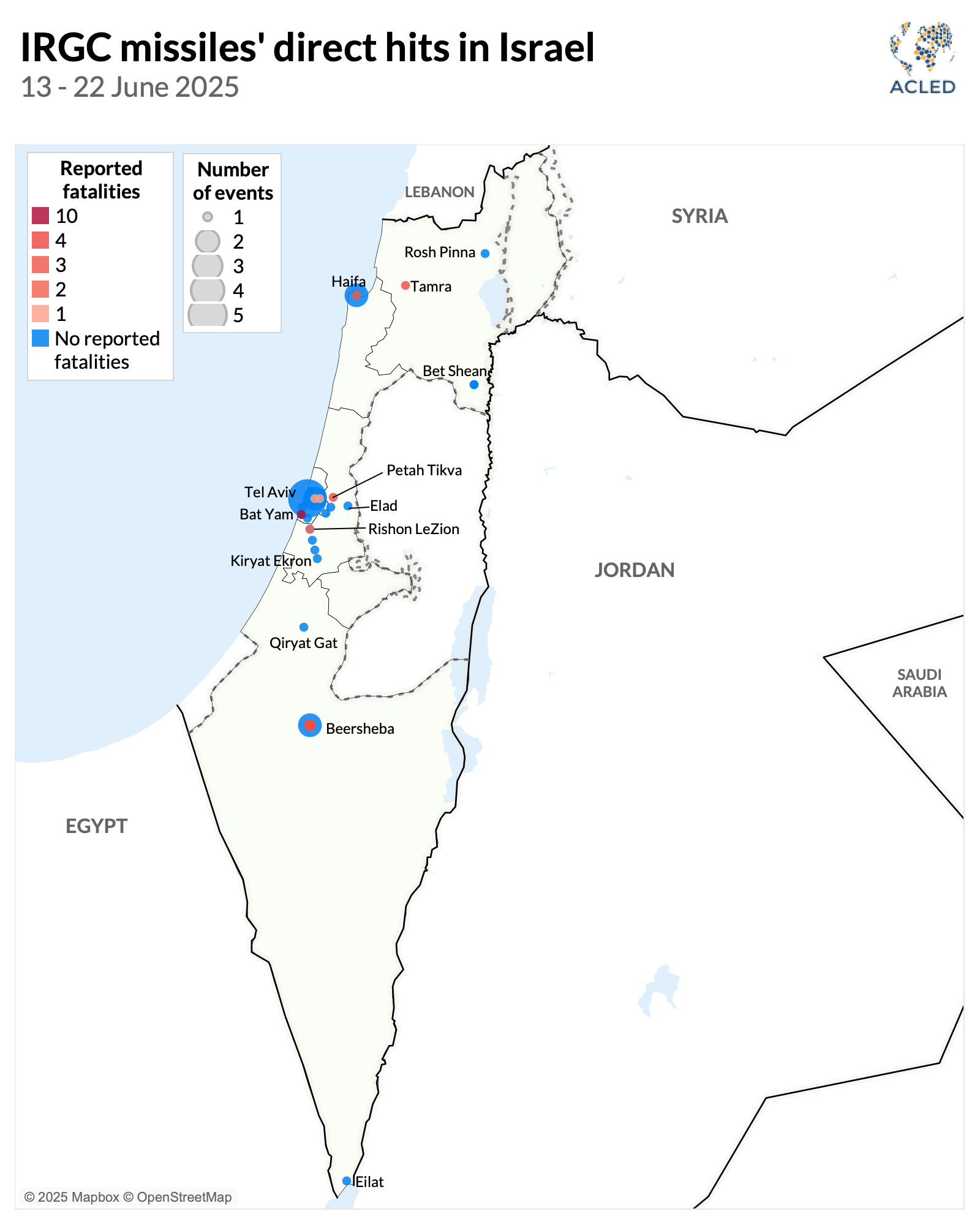 Map - IRGC missiles' direct hits in Israel 13 - 22 June 2025