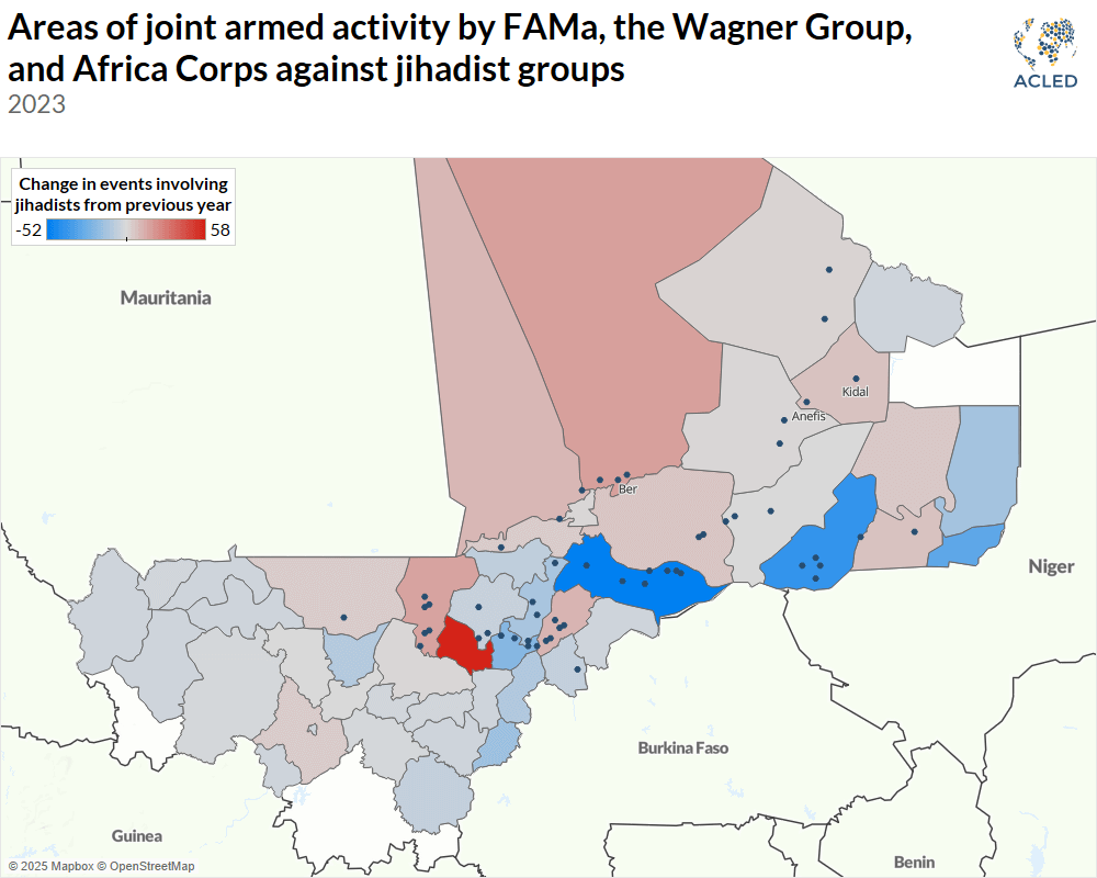 Map - Areas of joint armed activity by FAMa, the Wagner Group, and Africa Corps against jihadist groups 2023