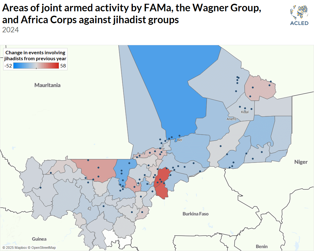 Map - Areas of joint armed activity by FAMa, the Wagner Group, and Africa Corps against jihadist groups 2024