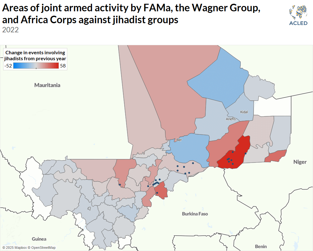 Map - Areas of joint armed activity by FAMa, the Wagner Group, and Africa Corps against jihadist groups 2022
