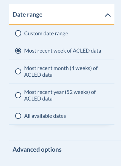 Date range filters in ACLED's Data Export Tool