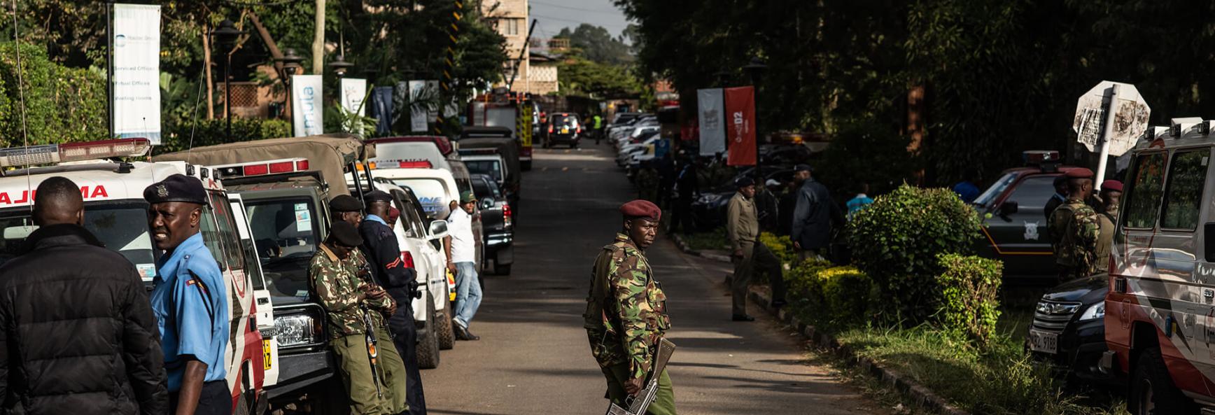 A soldier walks across the road leading to the Dusit Hotel on 16 January 2018 in Nairobi, Kenya. A security operation continued into a second day after Al-Shabab militants stormed the hotel.