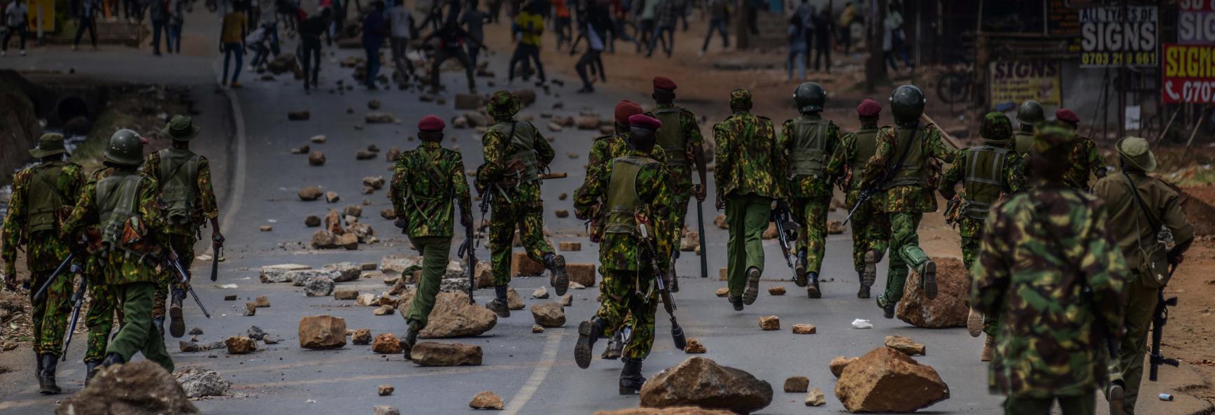 NAIROBI, KENYA - MARCH 9: A group of Kenyans gather in the Roysambu area of Kenya's capital Nairobi, blocking some roads in the area in protest against the government's failure to take action against the cost of living and corruption, on March 9, 2025. (Photo by Gerald Anderson/Anadolu via Getty Images)
