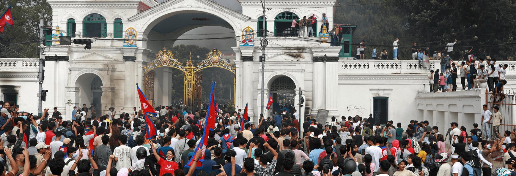 Protesters gather at the main administrative building in Kathmandu, Nepal, on 9 September 2025, a day after a police crackdown on demonstrations over the government's social media prohibitions and corruption. 