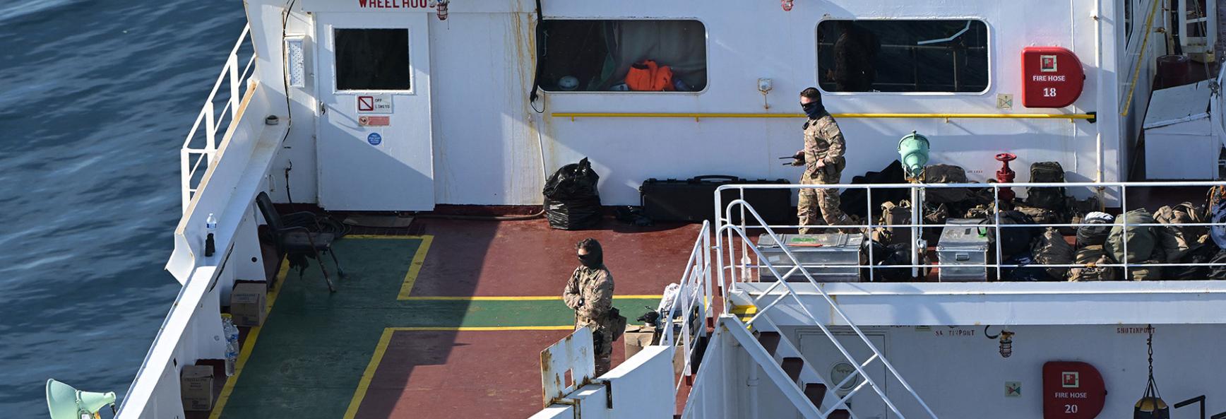 The Pushpa, which also uses the names Kiwala and Boracay, is pictured off the coast of western France on 1 October 2025 after French soldiers boarded the tanker on suspicion that it was involved in drone flights over Denmark. Photo by Damien Meyer/AFP via Getty Images