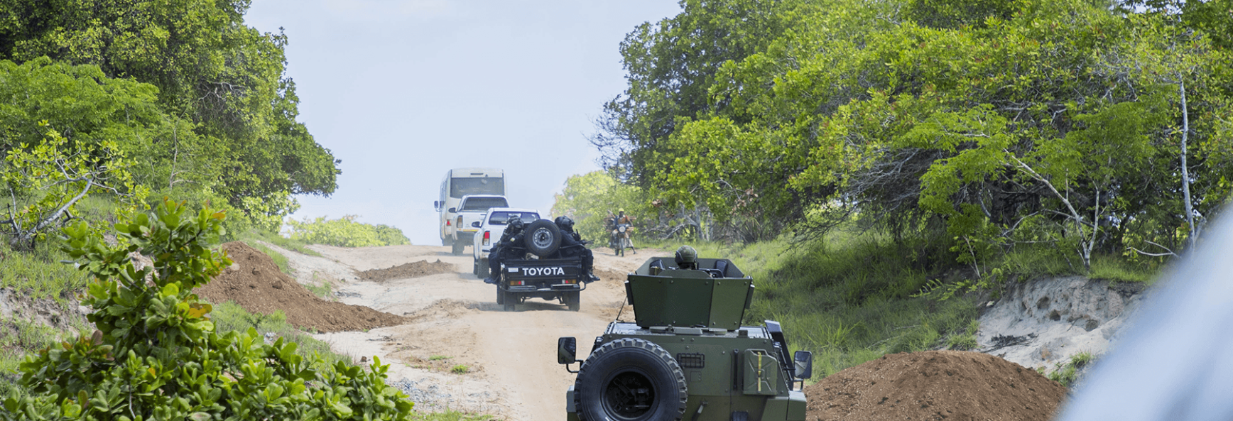 Rwandan counter-terrorism special units and Mozambique police patrol streets in the town of Palma, Cabo Delgado, on 18 December 2023